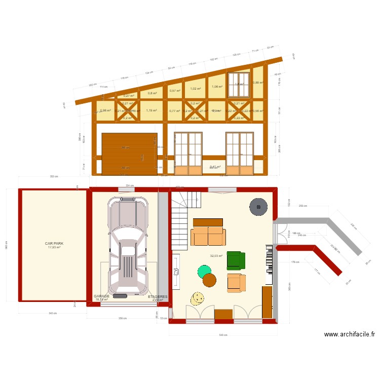 SALON GARAGE ET CAR PARK. Plan de 29 pièces et 87 m2