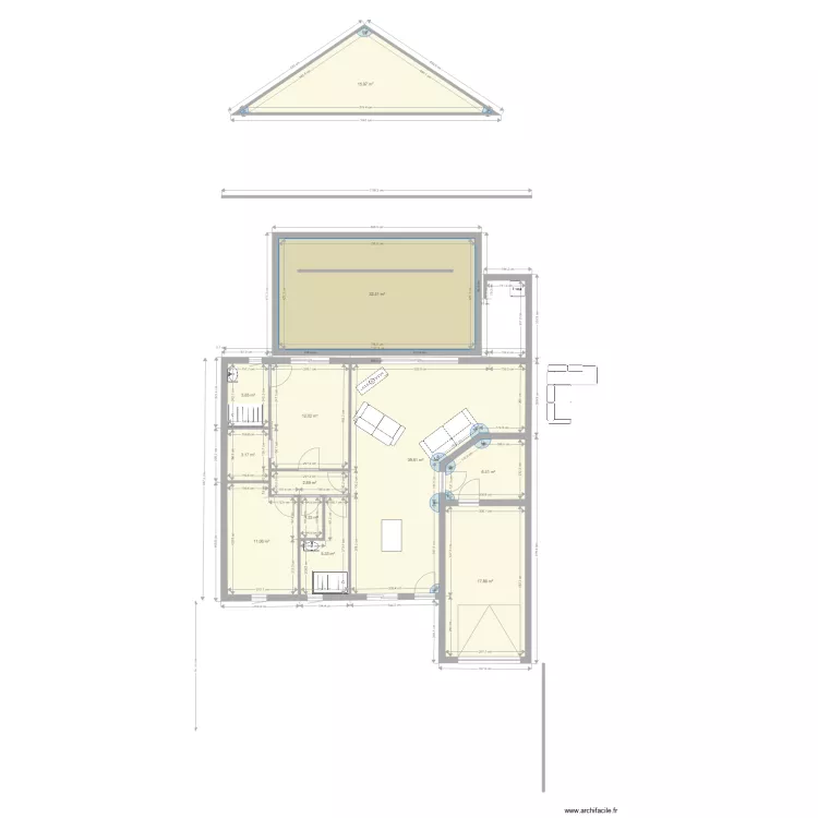 maison Chauvigny plein pieds 12 m avec canape. Plan de 