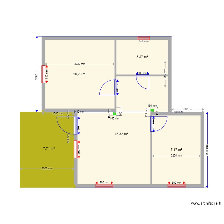 30 3 35. Plan de 5 pièces et 44 m2