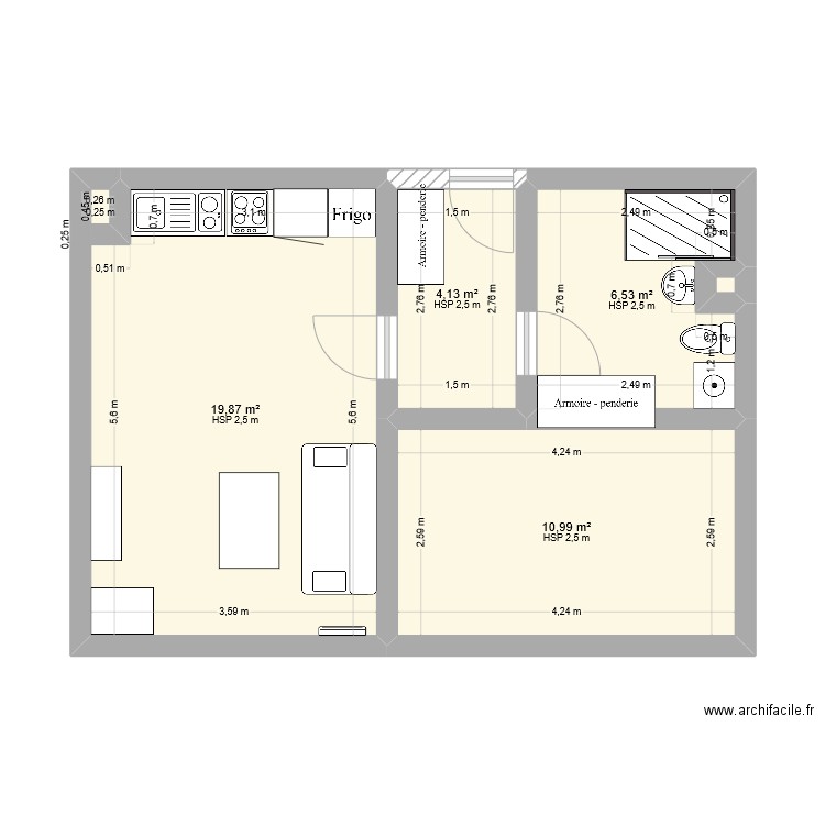 Bureaux V2. Plan de 5 pièces et 42 m2