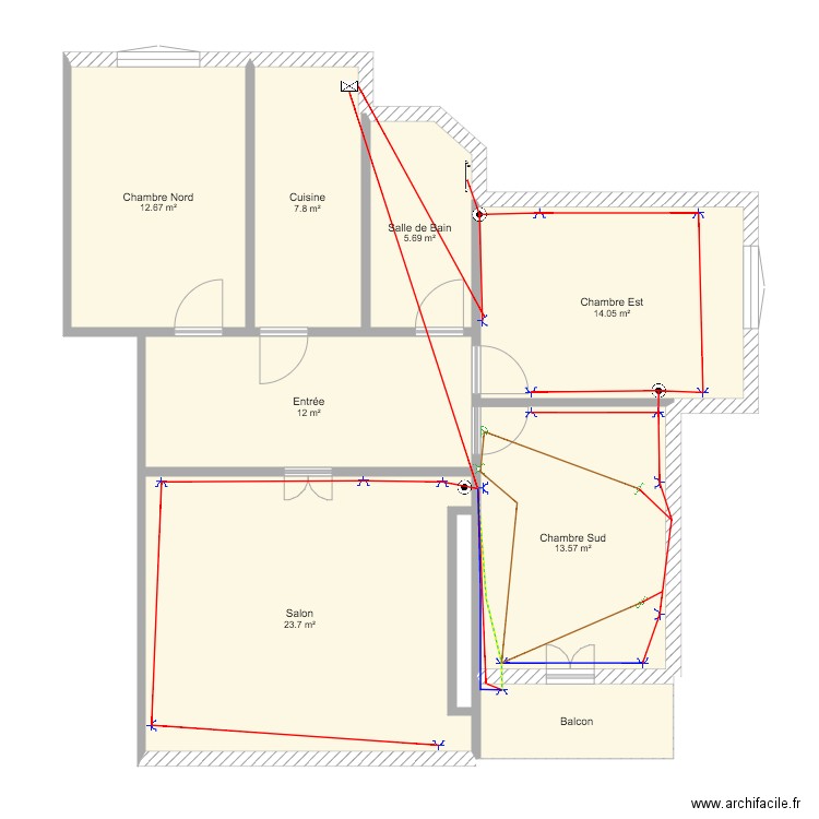 Schéma élec Prises et éclairage CH SUD et Prises SALON. Plan de 0 pièce et 0 m2