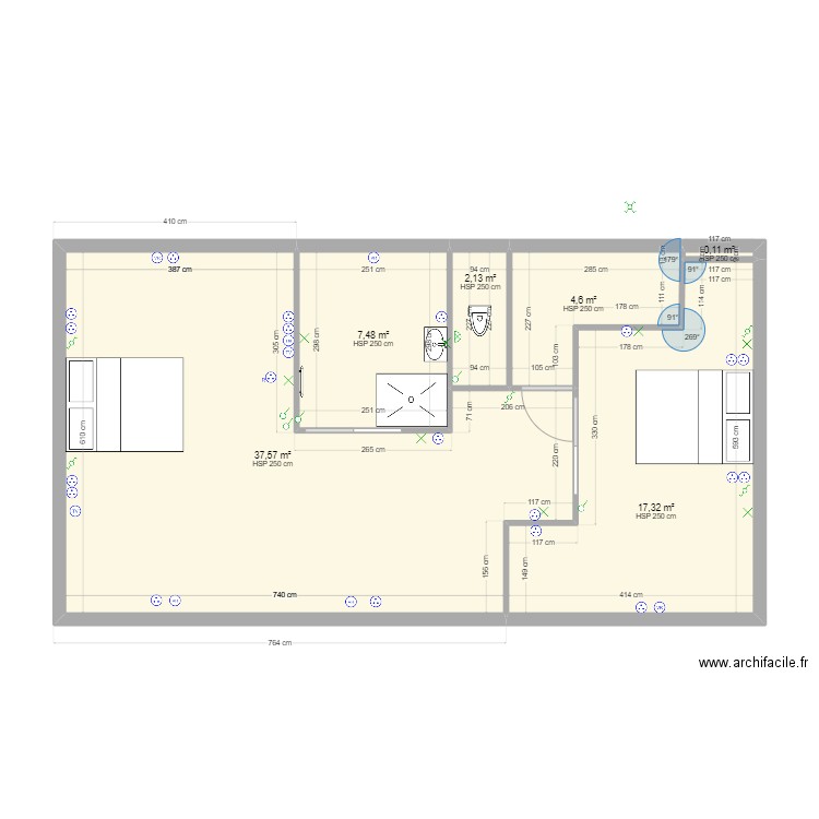 Marcq 78 1er étage. Plan de 6 pièces et 69 m2