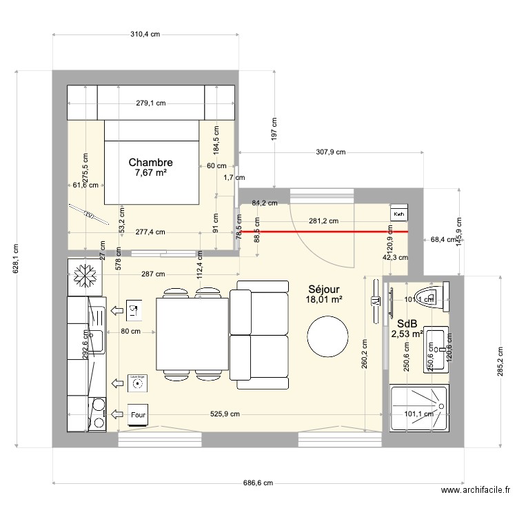 Sully V3. Plan de 3 pièces et 28 m2