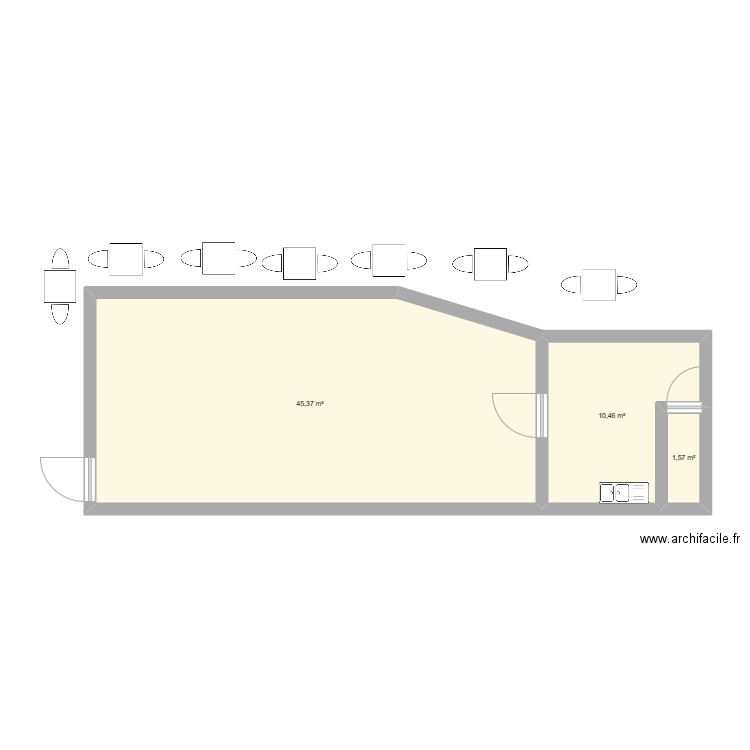 tea room. Plan de 3 pièces et 57 m2
