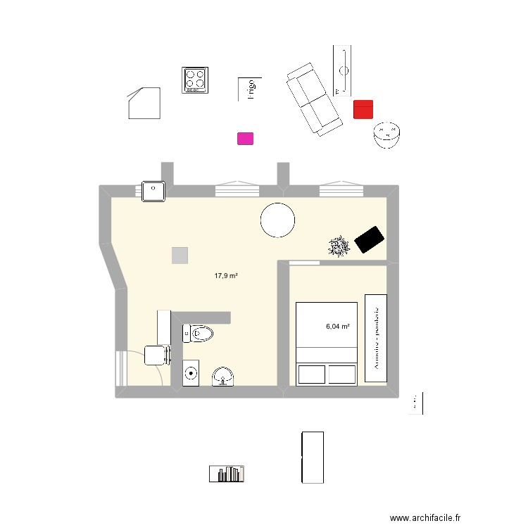 Appart 06/06. Plan de 2 pièces et 24 m2