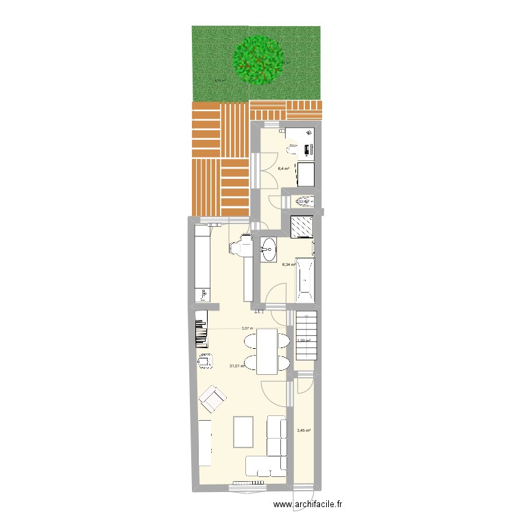 Rez-de-chaussé. Plan de 6 pièces et 50 m2
