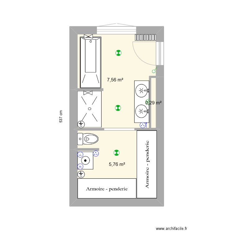 sdb paradis V4. Plan de 3 pièces et 14 m2