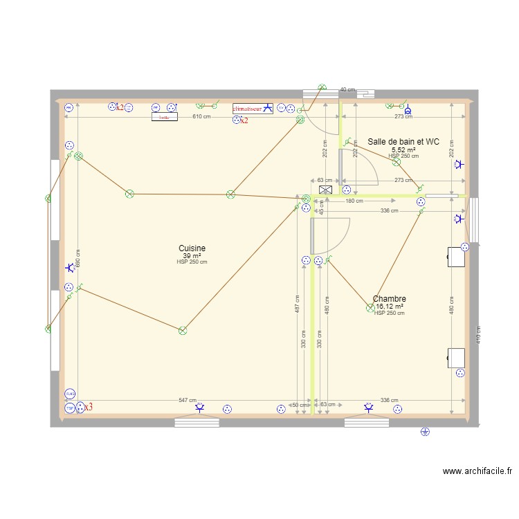 étage murs et électricité. Plan de 3 pièces et 61 m2