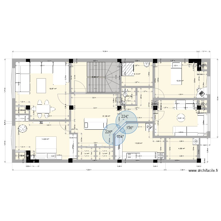 PLAN R+1. Plan de 16 pièces et 117 m2