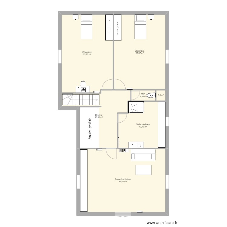 Plan combles 2 meublé. Plan de 7 pièces et 109 m2