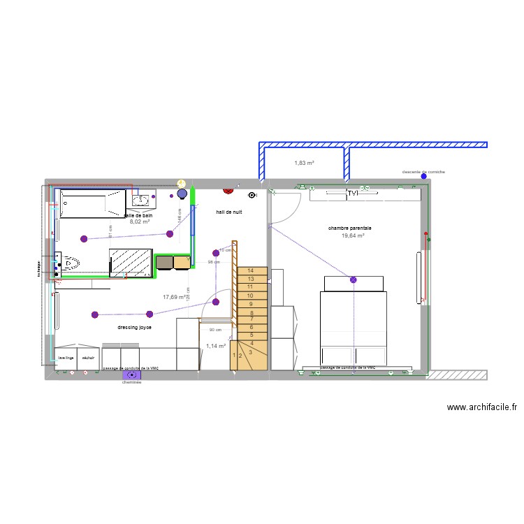 Arquenne 1er dressing sdb agrandissement 05.09 . Plan de 5 pièces et 48 m2