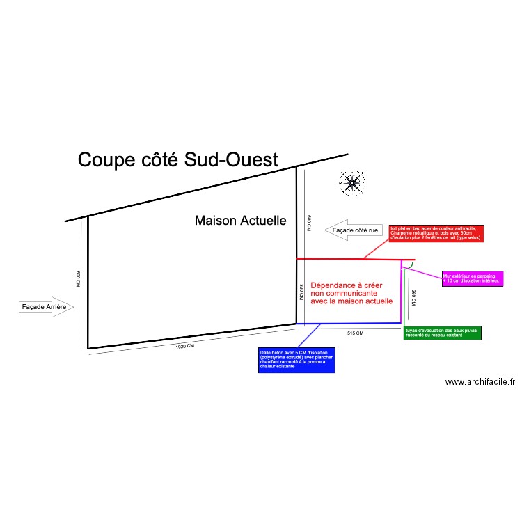 Coupe extension Gazou . Plan de 2 pièces et 100 m2