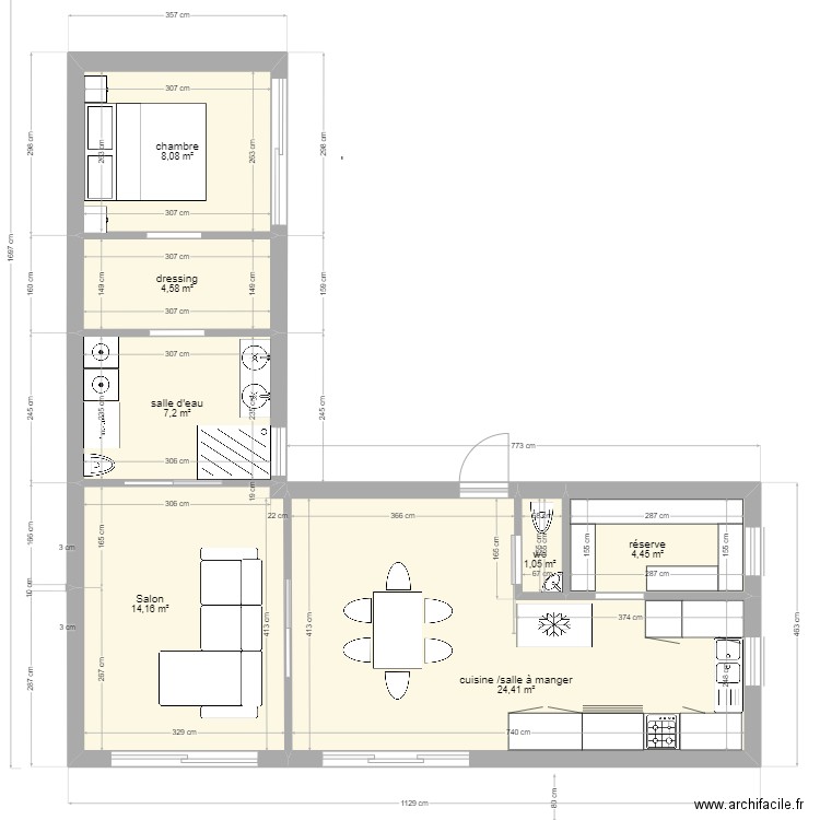 la maison du Bonheur version 2 temps partie structure légère. Plan de 7 pièces et 64 m2