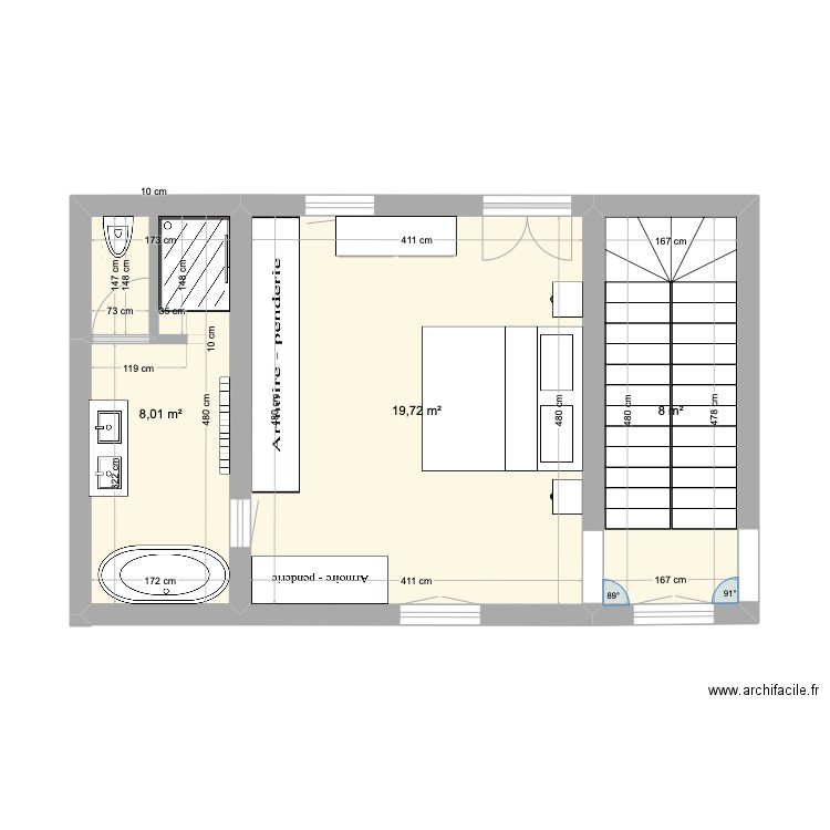 étage haut test. Plan de 3 pièces et 36 m2