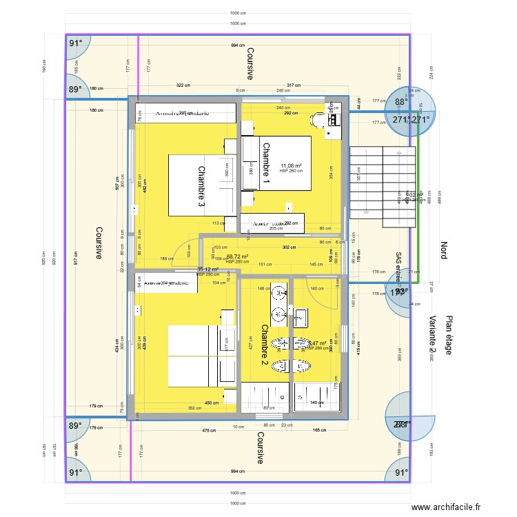 Etage surface 54m2 V1 nouveau. Plan de 5 pièces et 121 m2