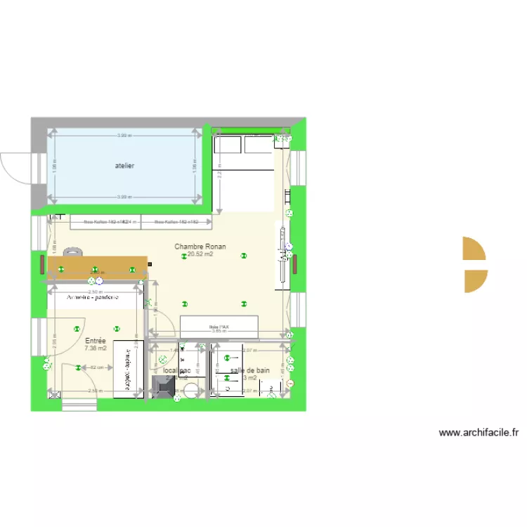 Pi&egrave;ce HUGO avec isolation et &eacute;lectricit&eacute; sans triangle. Plan de 