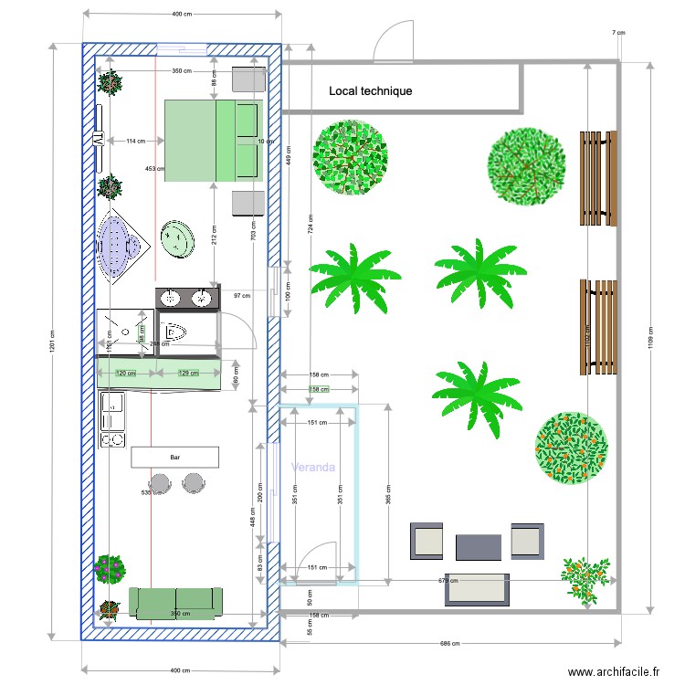 tropical. Plan de 3 pièces et 47 m2