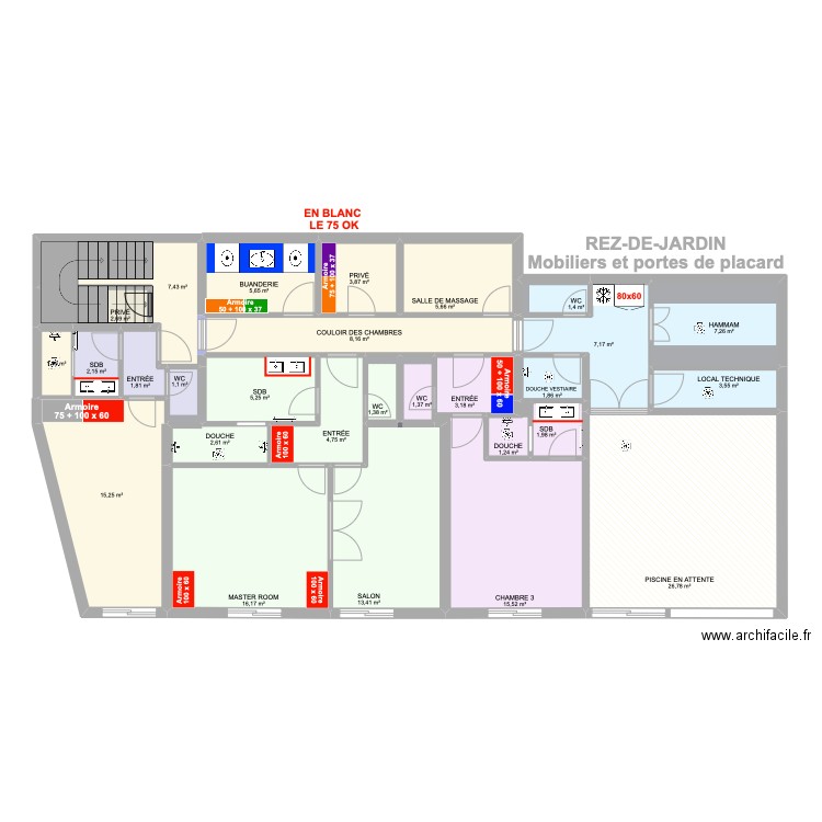 REZ-DE-JARDIN Mobiliers et portes de placard. Plan de 28 pièces et 170 m2