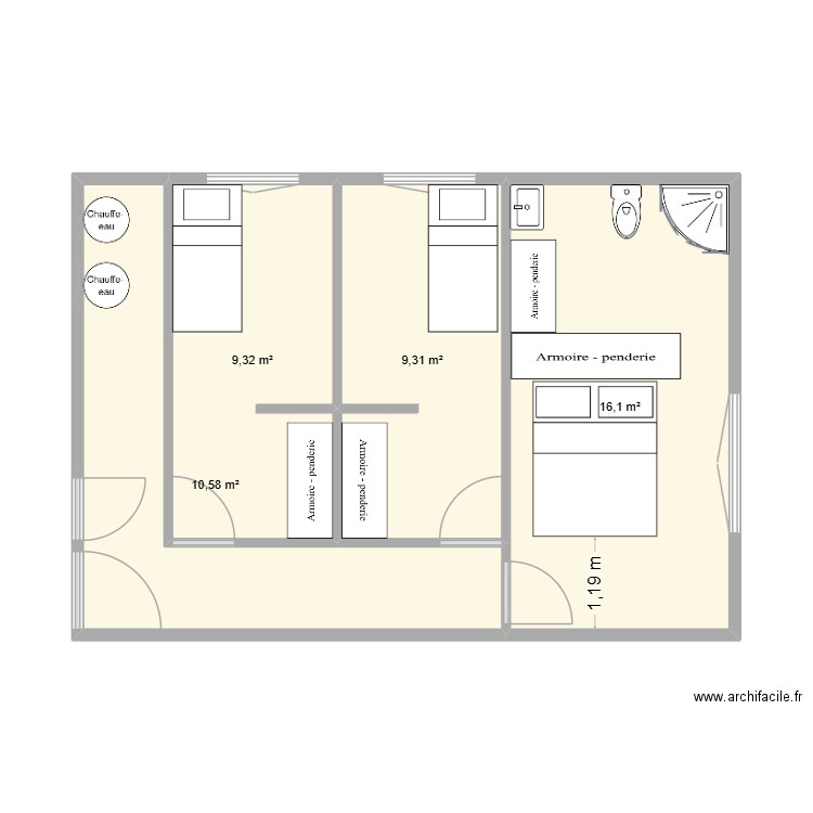 extension. Plan de 4 pièces et 45 m2