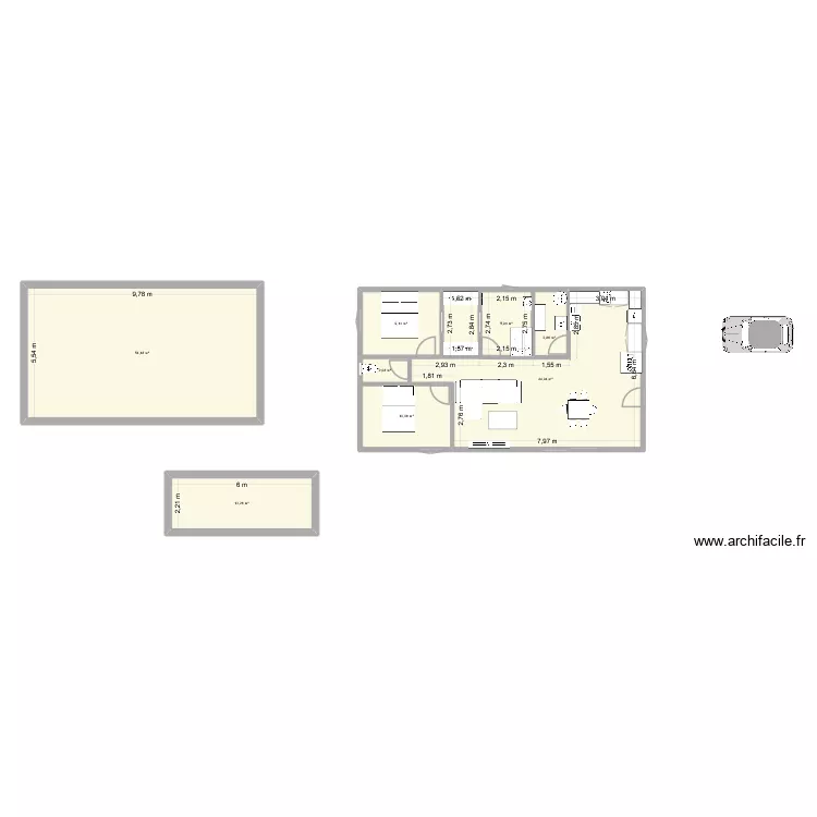 Grange. Plan de 8  et 143 m²