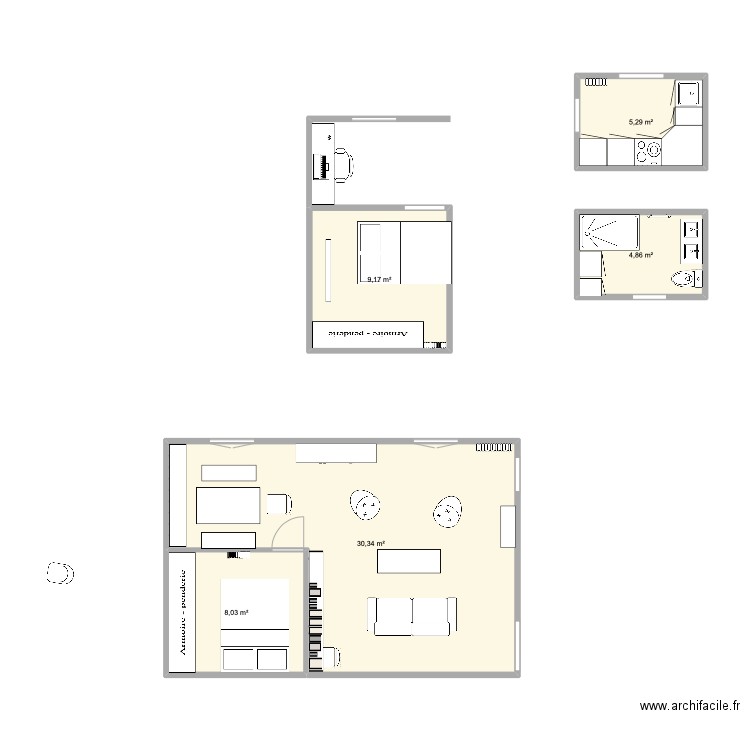 cuisine Gabrielle. Plan de 5 pièces et 58 m2
