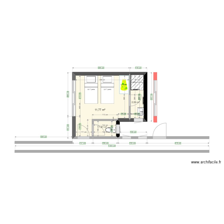 New Favone Strict  chambres 4,45x5. Plan de 3 pièces et 16 m2