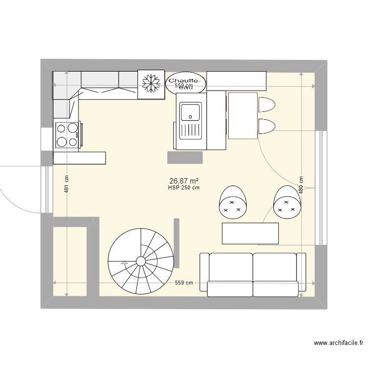 RDC. Plan de 1 pièce et 27 m2