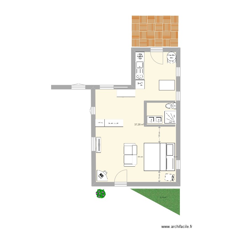 Appart 16B en studio 40m2 V6. Plan de 1 pièce et 37 m2