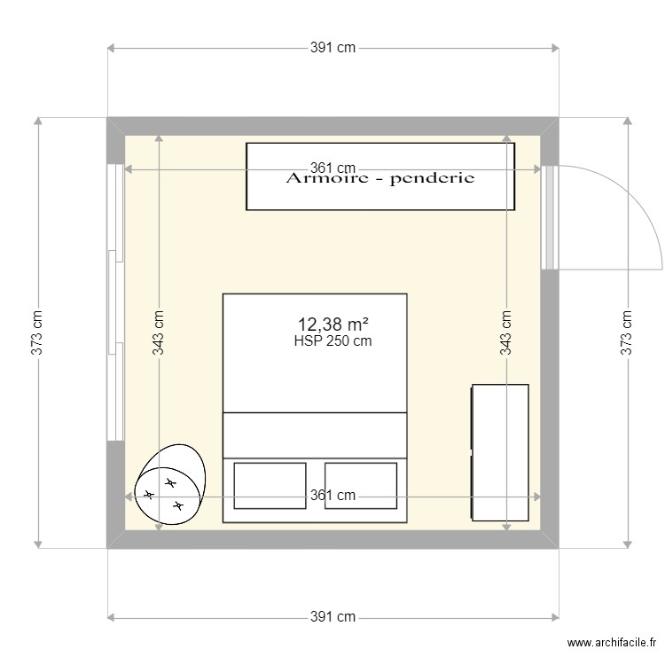 chambre N1. Plan de 1 pièce et 12 m2
