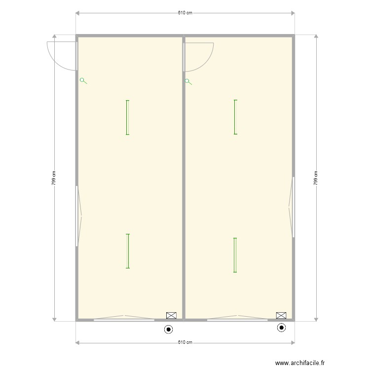 +- 800 x 800 cm avec passage de porte. Plan de 2 pièces et 47 m2