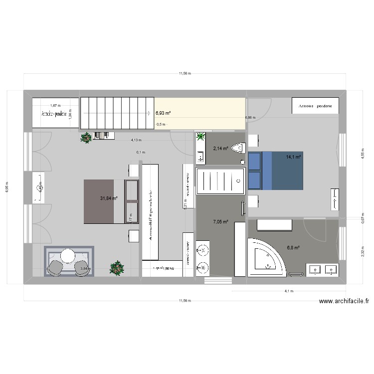 Etage. Plan de 6 pièces et 69 m2