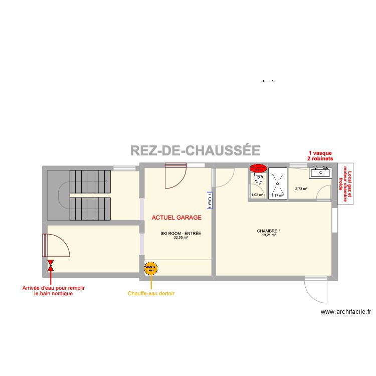 REZ-DE-CHAUSSÉE Plomberie. Plan de 5 pièces et 57 m2