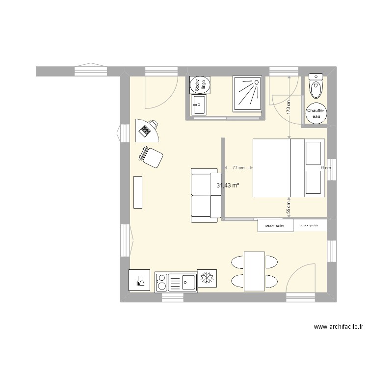 Appart 16B en studio 40m2 V3. Plan de 1 pièce et 31 m2