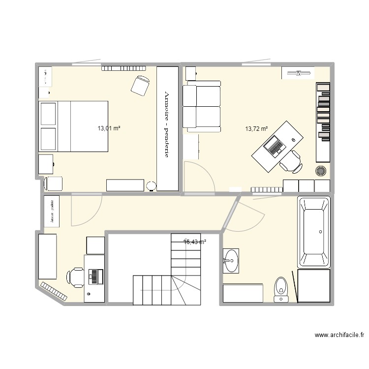 Bureau. Plan de 3 pièces et 43 m2