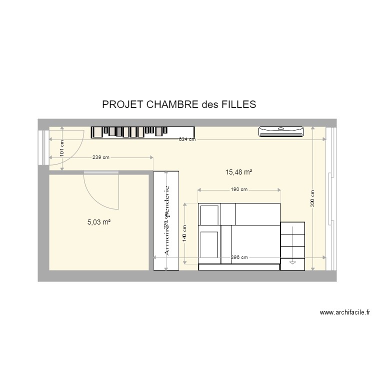 chambre filles version 2. Plan de 2 pièces et 21 m2