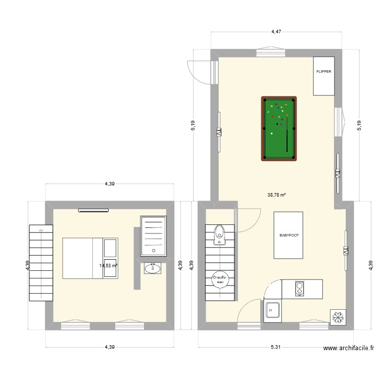 SALLE DE JEUX VRAI COTE. Plan de 2 pièces et 53 m2
