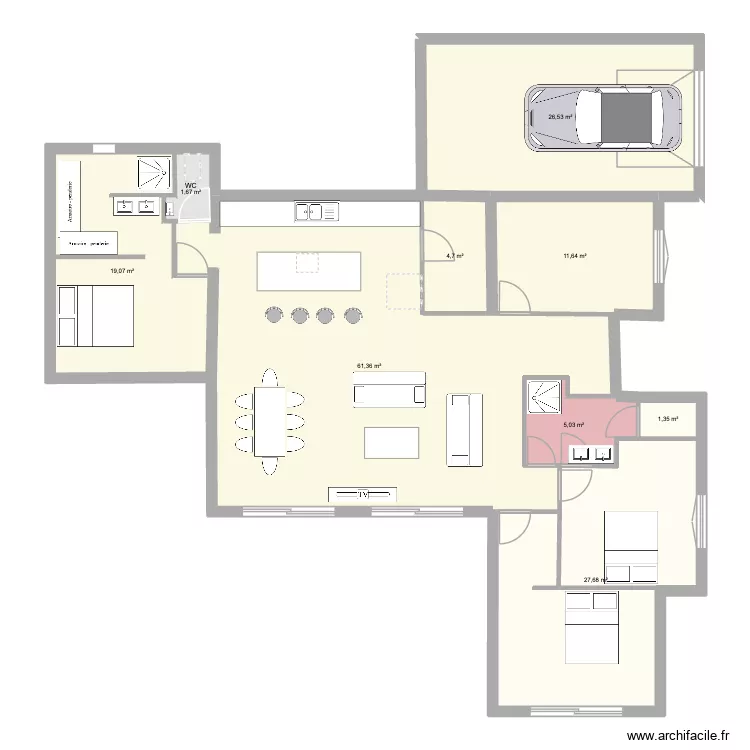 plan L. Plan de 9  et 159 m²