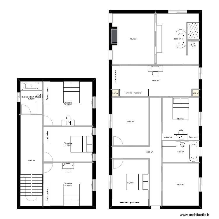 Etage. Plan de 16 pièces et 183 m2