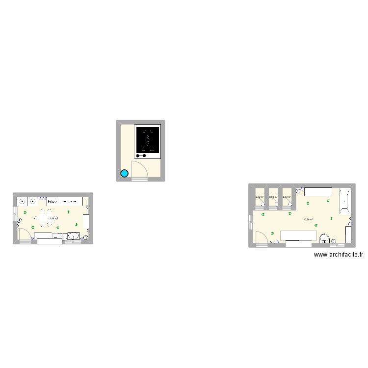 Infirmerie, box et local alimentation/préparation . Plan de 6 pièces et 46 m2