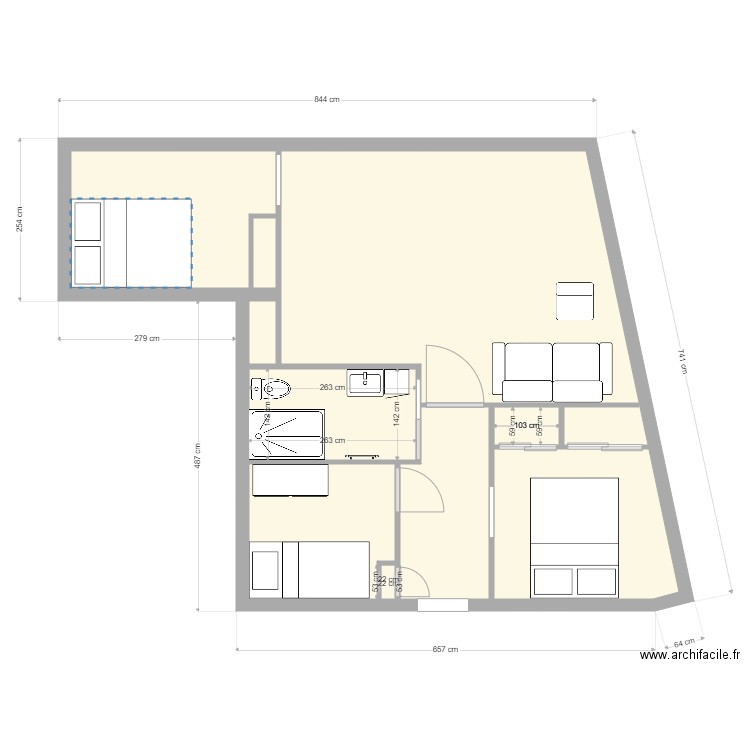 plan valmeinier meublé version 2. Plan de 9 pièces et 46 m2