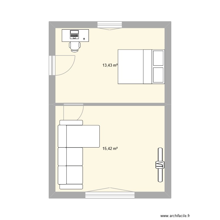 chambre. Plan de 2 pièces et 29 m2
