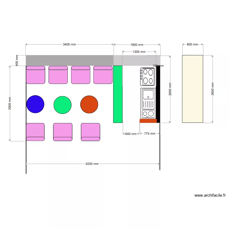TERRASSE SALON AVEC COTES ET MEUBLES. Plan de 