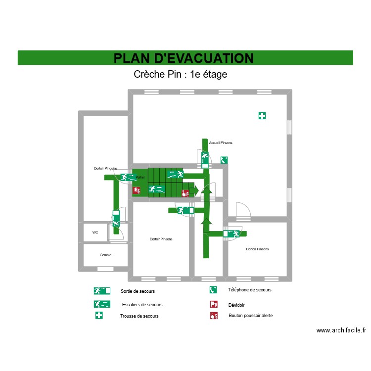 Crèche Pin : 1er étage. Plan de 8 pièces et 86 m2