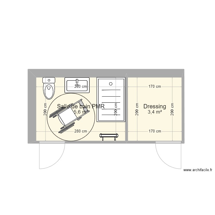 Salle de bain PMR. Plan de 2 pièces et 9 m2