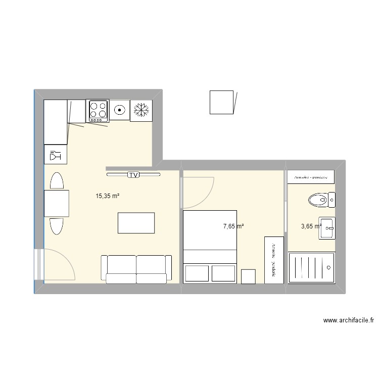 JULIO 5. Plan de 3 pièces et 27 m2