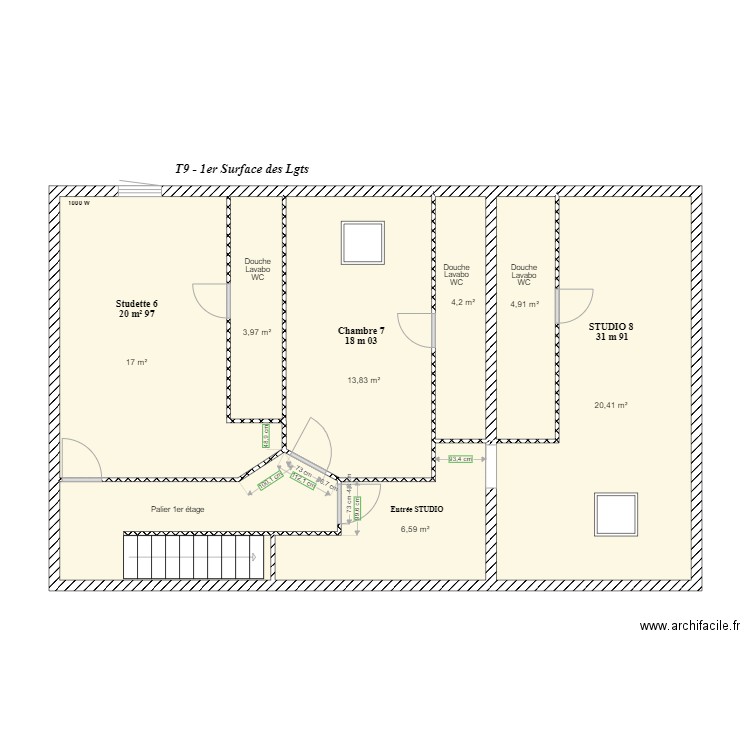 T9 1er - Surface des Lgts. Plan de 8 pièces et 80 m2