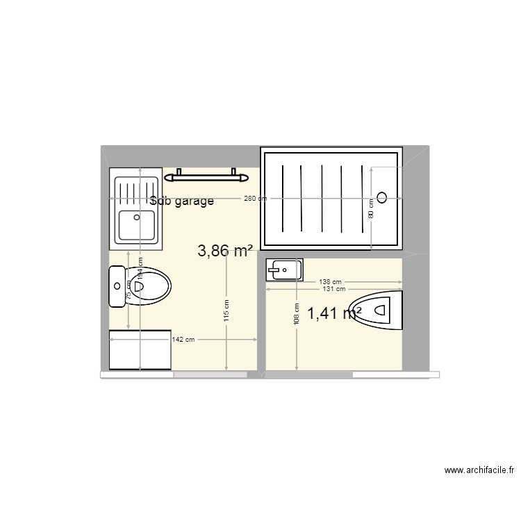 sdb garage reparation. Plan de 2 pièces et 5 m2