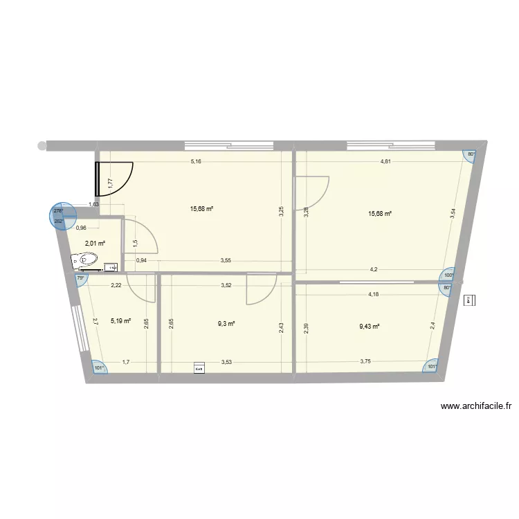Local Dandy initial. Plan de 6 pièces et 57 m²