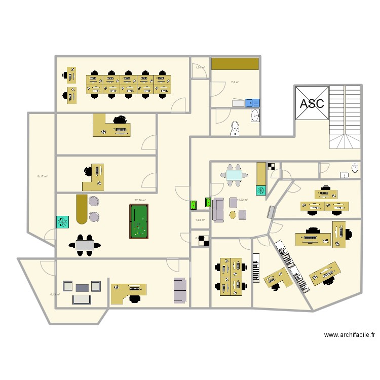 1 Floor left wing. Plan de 22 pièces et 229 m2