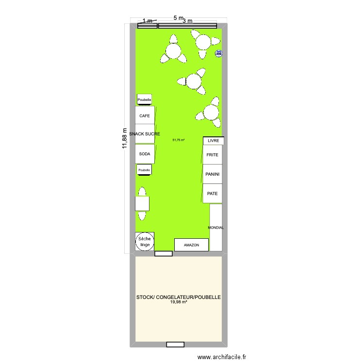 machine. Plan de 2 pièces et 72 m2